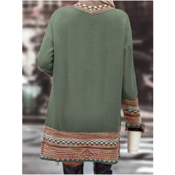 Cozy Geo Western open Front Tassel Hem Cardigan - Picture 5 of 5